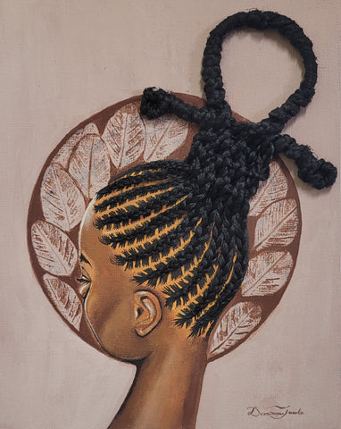 Illustration of a person with braided hair against a leaf-patterned background