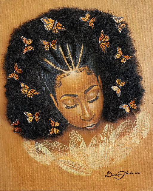 Artistic depiction of a woman with afro hair and butterflies, with a focus on natural beauty and tranquility.
